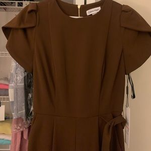 BROWN Calvin Klein tulip sleeve cropped jumpsuit with self belt